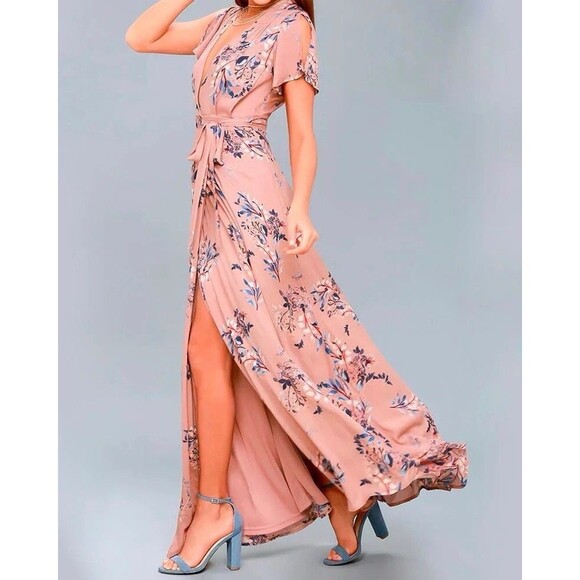 Lulu’s Pink Fiorire Rose Floral Print Faux Wrap Long Maxi Dress Romantic Small - Picture 2 of 11